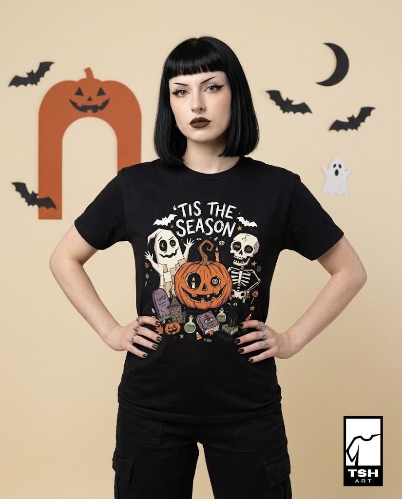 Tis The Season Halloween Shirt | Spooky Ghost T Shirt | Cute Pumpkin Graphic Tee | Retro Horror Fall Top | Gothic Cat Clothes | Unisex Gift