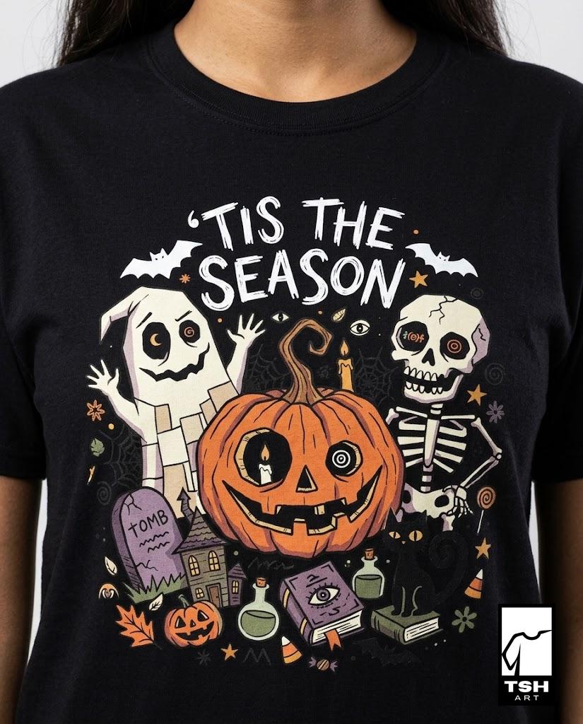 Tis The Season Halloween Shirt | Spooky Ghost T Shirt | Cute Pumpkin Graphic Tee | Retro Horror Fall Top | Gothic Cat Clothes | Unisex Gift