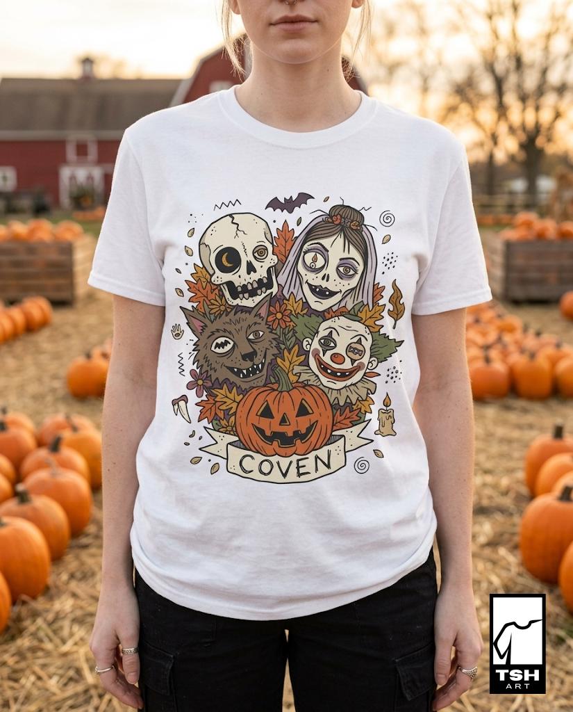 Vintage Halloween Shirt | Skull Werewolf T Shirt | Creepy Clown Witch Tee | Pumpkin Coven Graphic Tee | Retro Horror Tee | Unisex Gift
