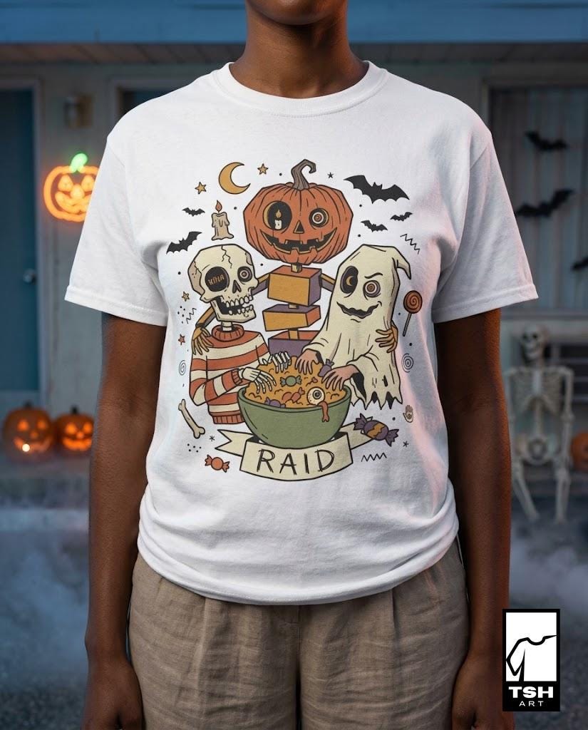 Vintage Halloween Shirt | Skeleton Ghost T Shirt | Spooky Candy Bowl Tee | Pumpkin Trick Or Treat Tee | Retro Spooky Tee | Unisex Gift