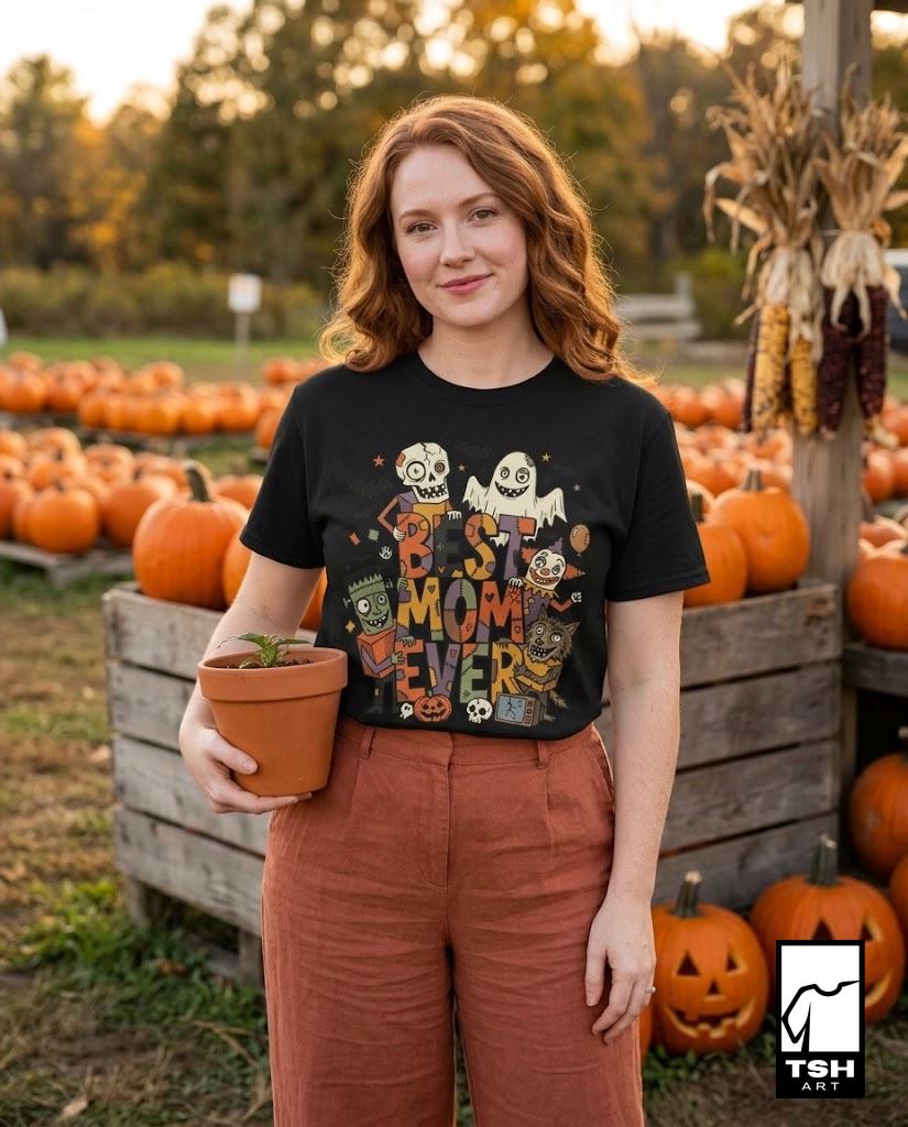 Best Mom Ever Halloween Shirt | Spooky Mama T Shirt | Cute Monster Graphic Tee | Horror Mom Fall Top | Retro Spooky Clothes | Unisex Gift