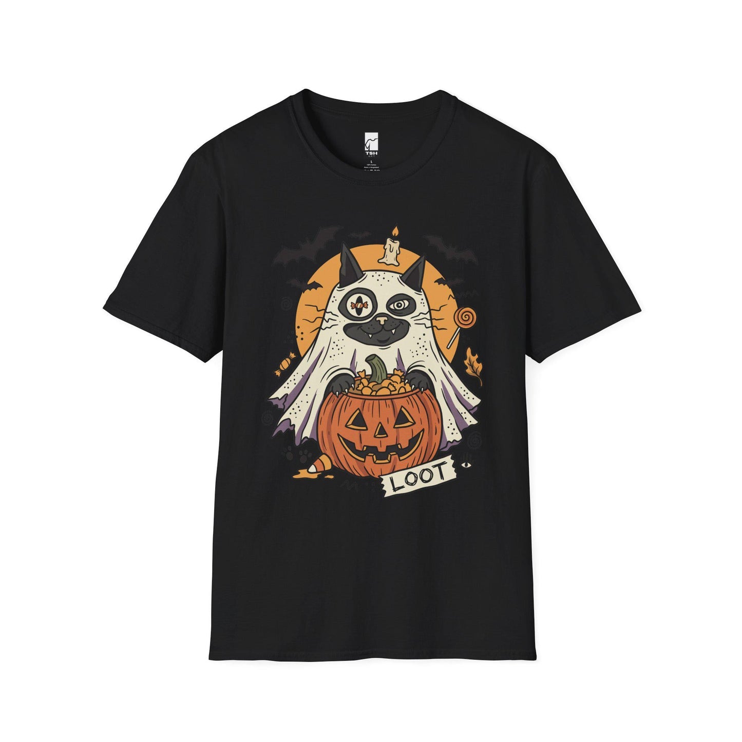 Ghost Cat Halloween Shirt | Spooky Kitten T Shirt | Cute Loot Graphic Tee | Retro Pumpkin Fall Top | Funny Cat Lover Clothes | Unisex Gift