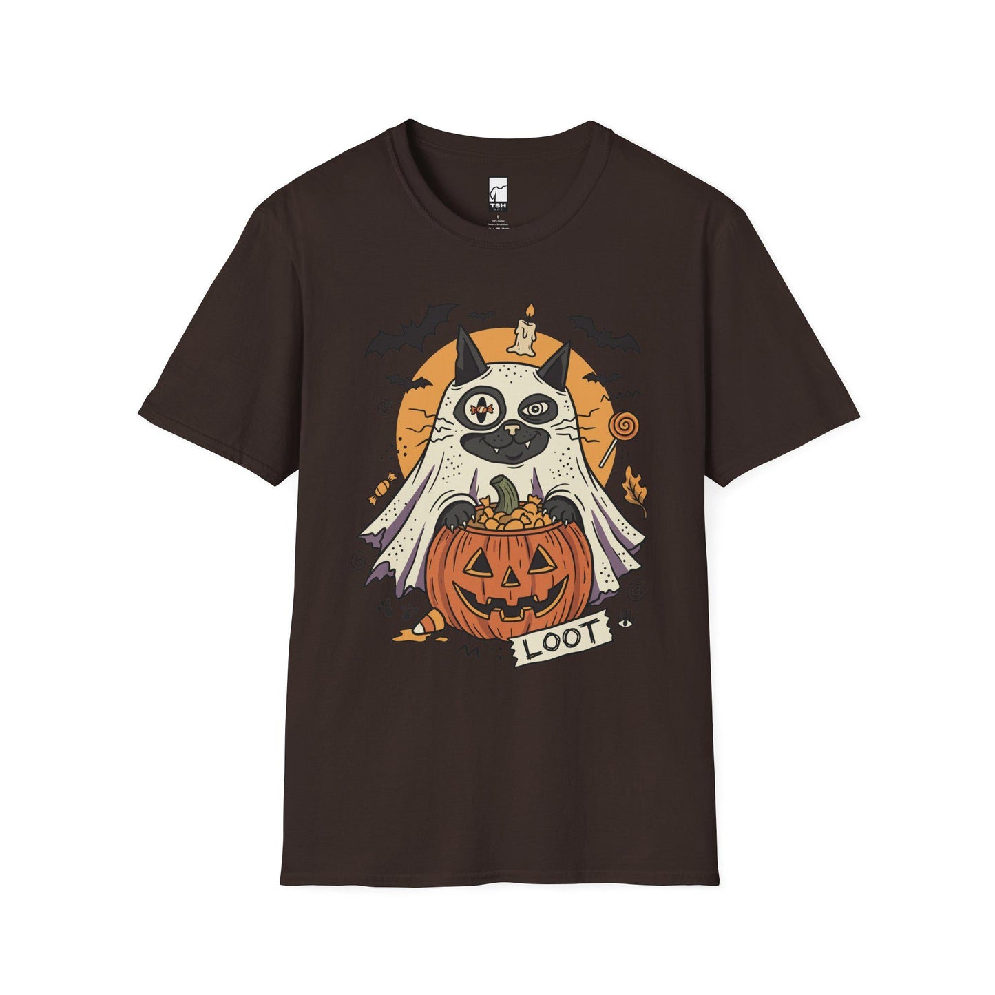 Ghost Cat Halloween Shirt | Spooky Kitten T Shirt | Cute Loot Graphic Tee | Retro Pumpkin Fall Top | Funny Cat Lover Clothes | Unisex Gift
