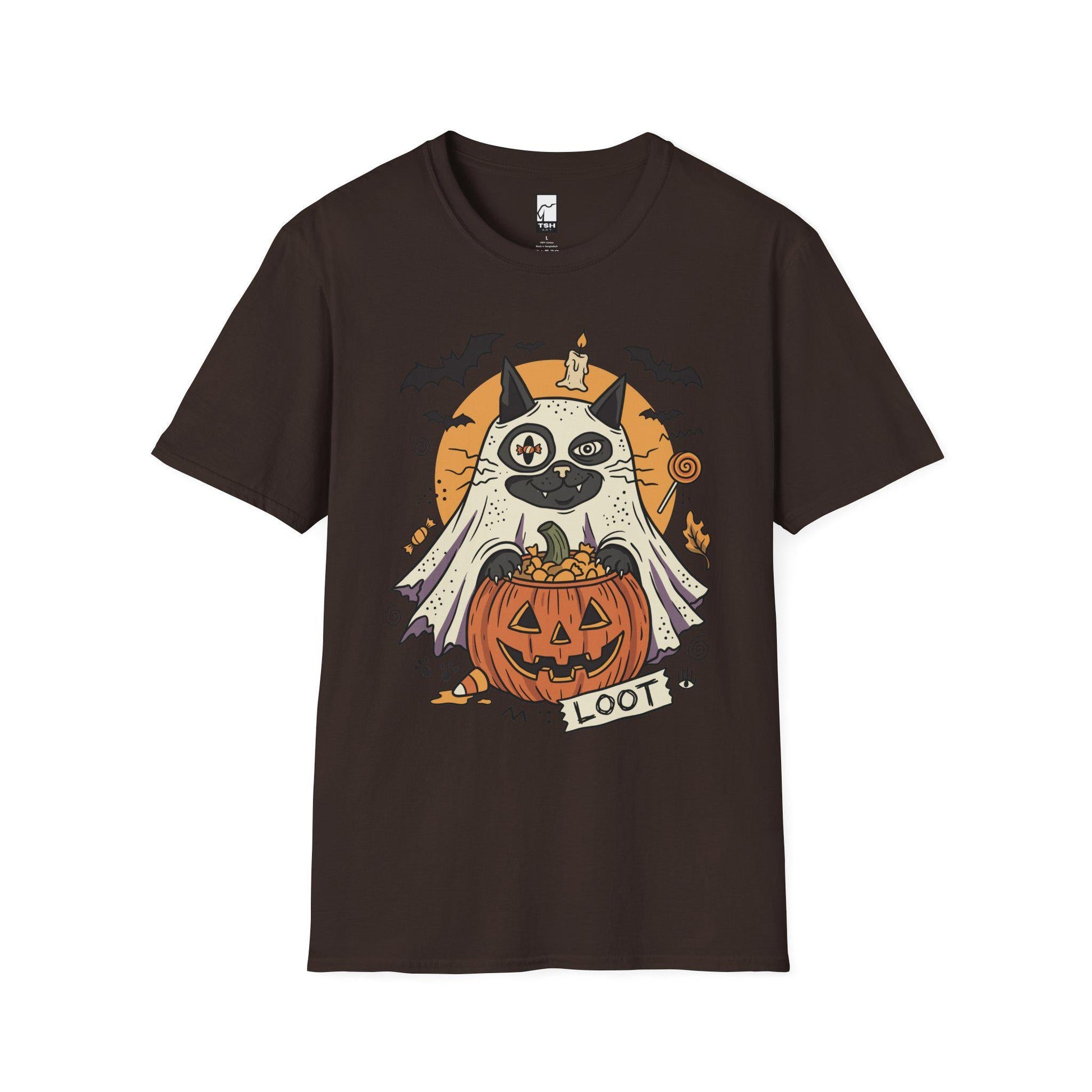 Ghost Cat Halloween Shirt | Spooky Kitten T Shirt | Cute Loot Graphic Tee | Retro Pumpkin Fall Top | Funny Cat Lover Clothes | Unisex Gift