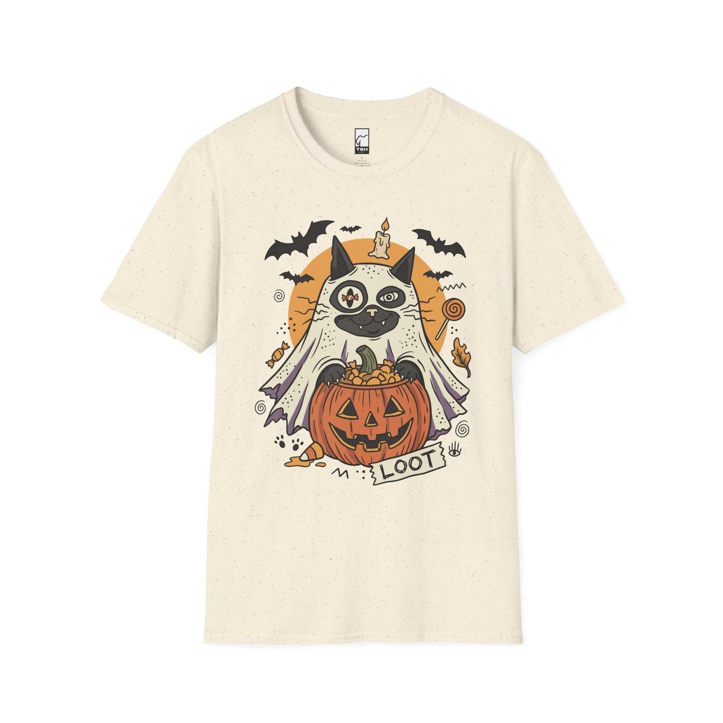 Ghost Cat Halloween Shirt | Spooky Kitten T Shirt | Cute Loot Graphic Tee | Retro Pumpkin Fall Top | Funny Cat Lover Clothes | Unisex Gift