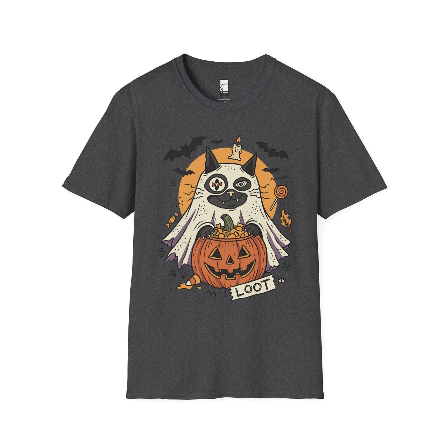 Ghost Cat Halloween Shirt | Spooky Kitten T Shirt | Cute Loot Graphic Tee | Retro Pumpkin Fall Top | Funny Cat Lover Clothes | Unisex Gift