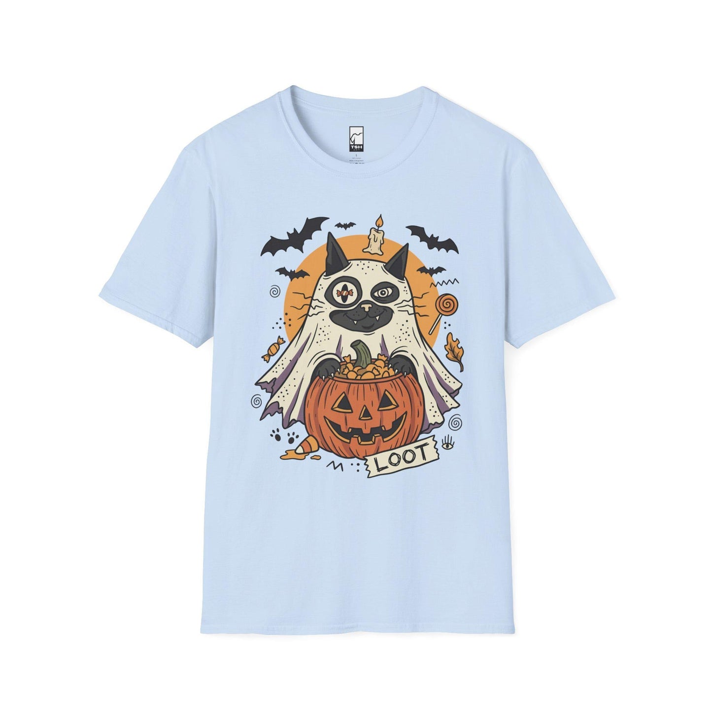 Ghost Cat Halloween Shirt | Spooky Kitten T Shirt | Cute Loot Graphic Tee | Retro Pumpkin Fall Top | Funny Cat Lover Clothes | Unisex Gift