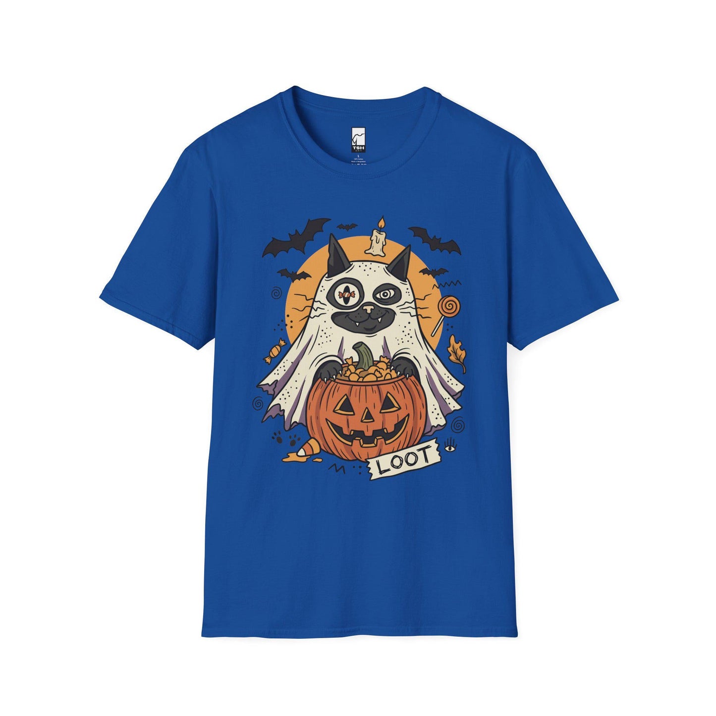 Ghost Cat Halloween Shirt | Spooky Kitten T Shirt | Cute Loot Graphic Tee | Retro Pumpkin Fall Top | Funny Cat Lover Clothes | Unisex Gift