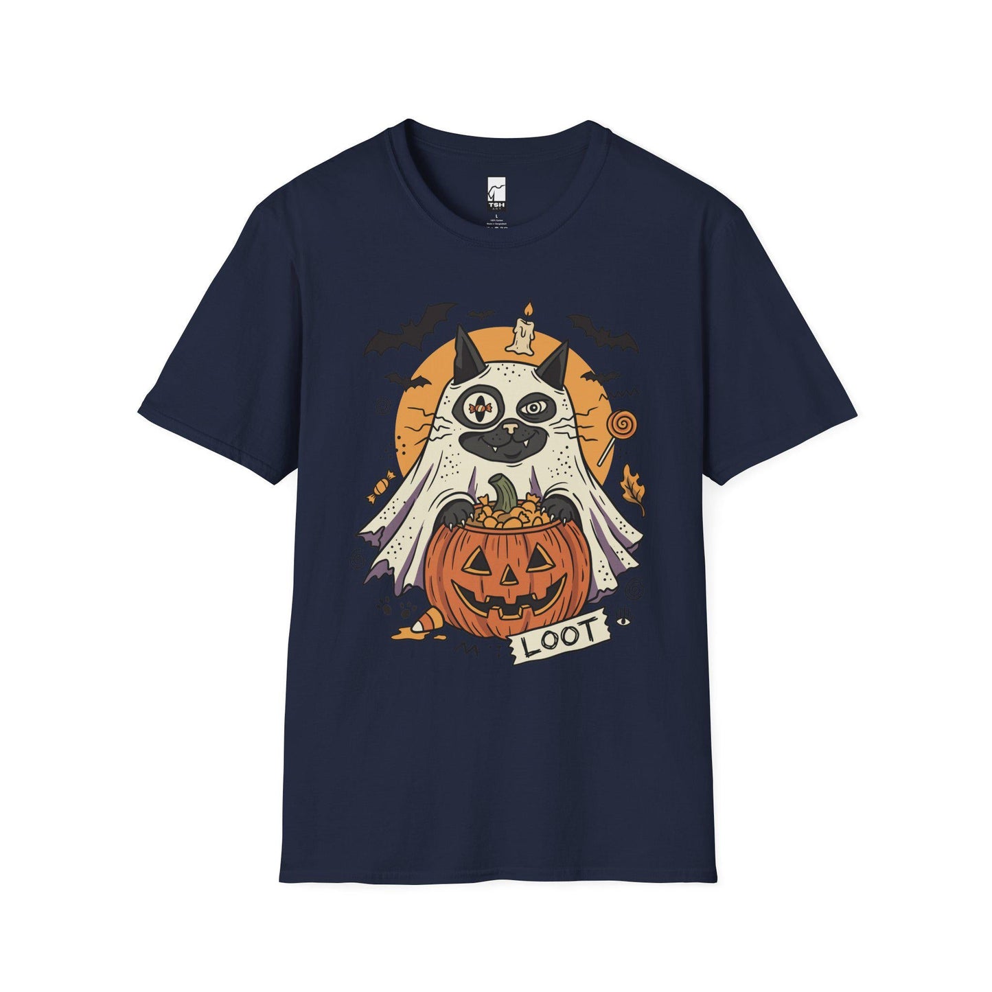 Ghost Cat Halloween Shirt | Spooky Kitten T Shirt | Cute Loot Graphic Tee | Retro Pumpkin Fall Top | Funny Cat Lover Clothes | Unisex Gift
