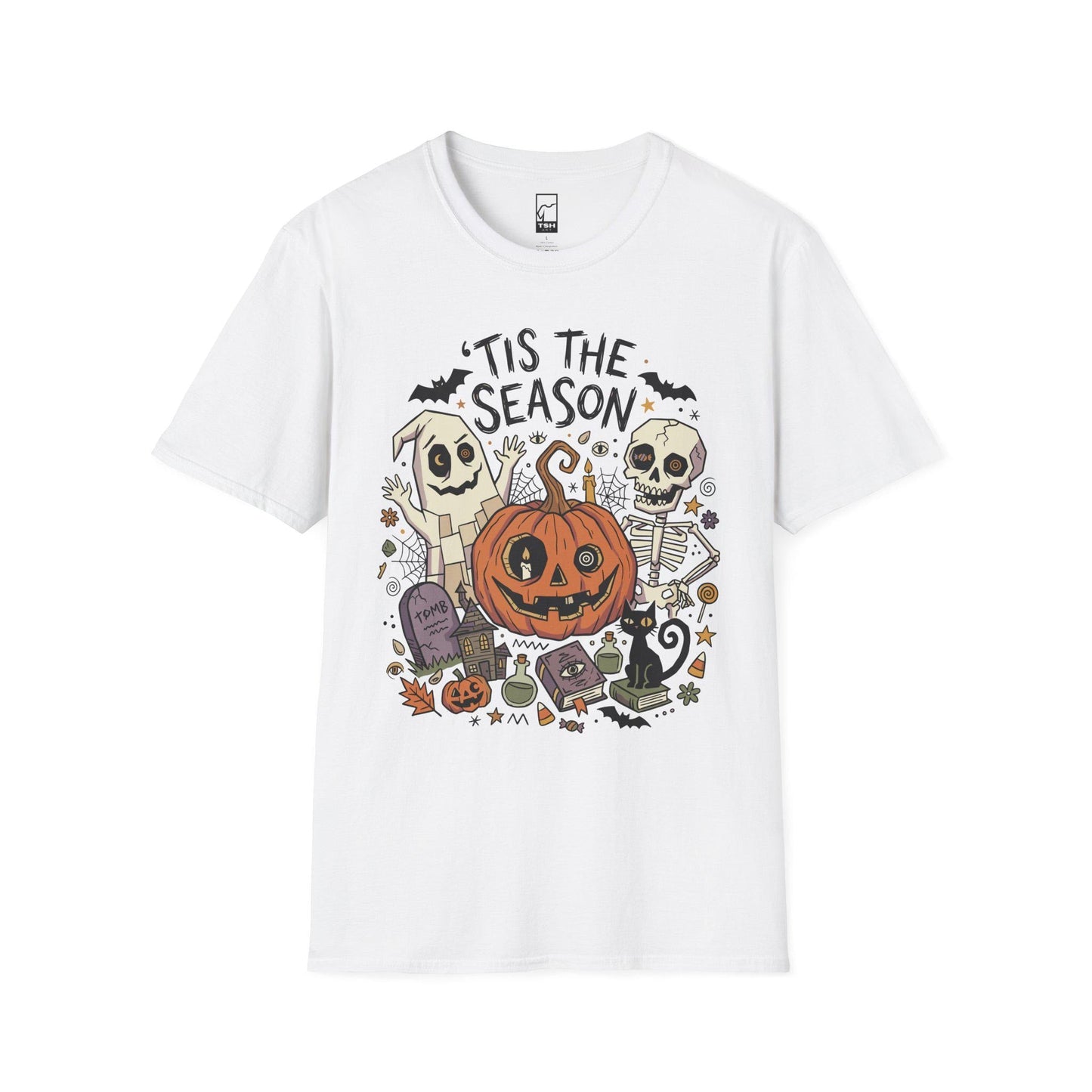 Tis The Season Halloween Shirt | Spooky Ghost T Shirt | Cute Pumpkin Graphic Tee | Retro Horror Fall Top | Gothic Cat Clothes | Unisex Gift