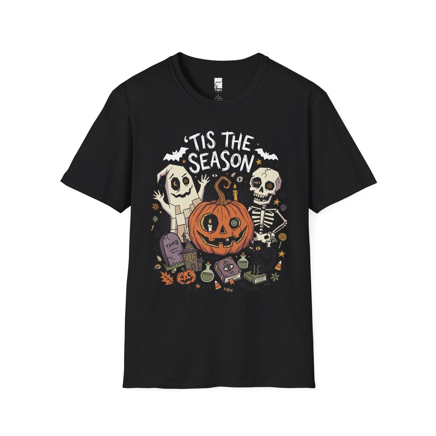 Tis The Season Halloween Shirt | Spooky Ghost T Shirt | Cute Pumpkin Graphic Tee | Retro Horror Fall Top | Gothic Cat Clothes | Unisex Gift