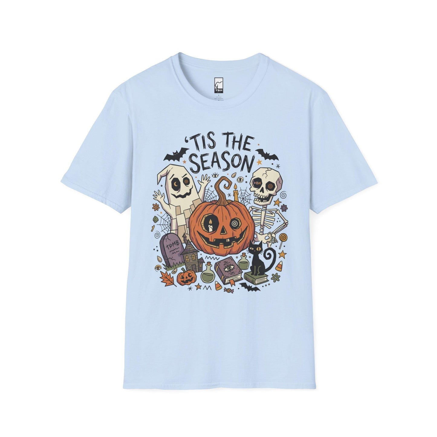 Tis The Season Halloween Shirt | Spooky Ghost T Shirt | Cute Pumpkin Graphic Tee | Retro Horror Fall Top | Gothic Cat Clothes | Unisex Gift