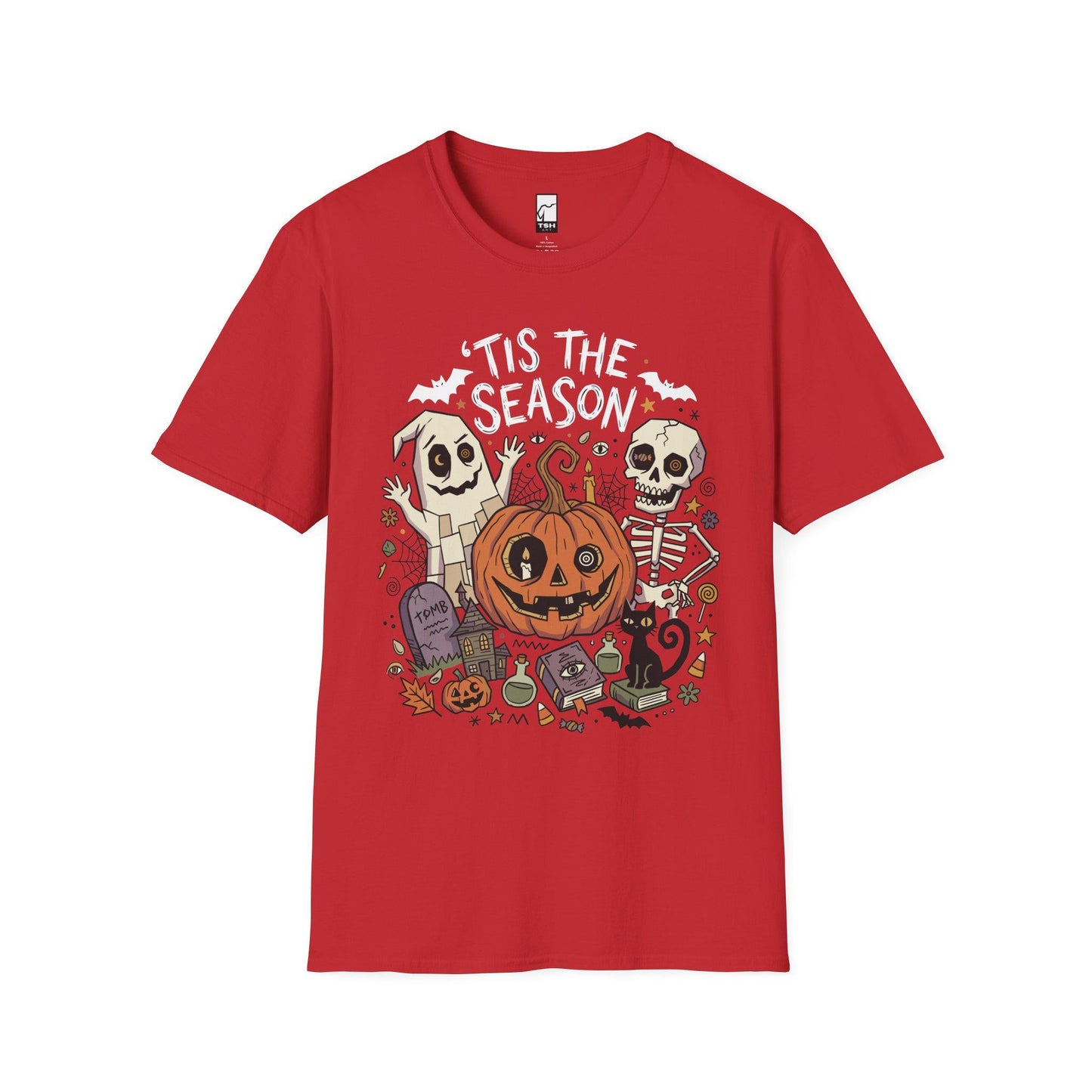 Tis The Season Halloween Shirt | Spooky Ghost T Shirt | Cute Pumpkin Graphic Tee | Retro Horror Fall Top | Gothic Cat Clothes | Unisex Gift